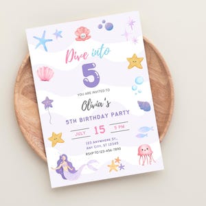 May include: A mermaid-themed birthday party invitation with the text "Dive into 5". The invitation features illustrations of starfish, seashells, bubbles, and a mermaid. The date is July 15th at 5 PM.