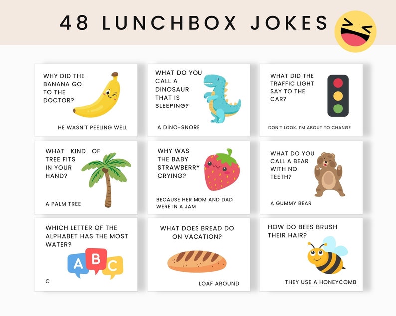 Brighten Up Your Child's Lunch with these fun Lunchbox jokes and notes bundle. This printable bundle includes more than 250 cards. It includes Classic Lunch Notes , Lunchbox Jokes, Fall Lunch Notes, Halloween Lunch Notes, Christmas Lunch Notes, Winter Lunch Notes, Spring Lunch Notes, Easter Lunch Notes and Summer Lunch Notes.