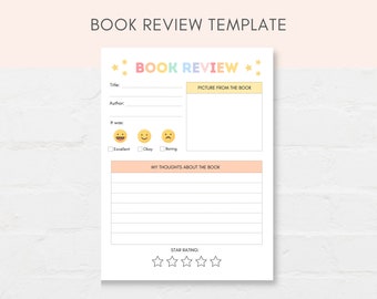 Puede incluir: Una plantilla de reseña de libro imprimible con un título colorido, espacio para una imagen del libro, una escala de calificación y líneas para escribir pensamientos sobre el libro.
