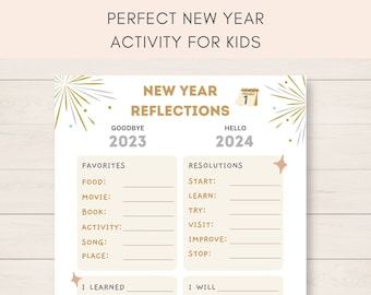 Kinderjaaroverzicht, afdrukbare nieuwjaarsactiviteit, nieuwjaarsresolutie 2024, nieuwjaarsreflecties, nieuwjaarsdoelen, oudejaarsavondkinderen