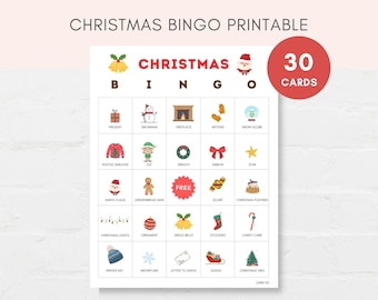 May include: A printable Christmas Bingo game with a grid of festive images, including a snowman, Santa Claus, and a Christmas tree. The game includes 30 cards and the word "Christmas" at the top.