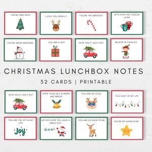 Peut inclure: Ensemble de 32 cartes de Noël imprimables pour boîtes à lunch. Chaque carte présente une illustration festive et un message joyeux, comme « You're Tree-rific » et « You're Snow Awesome ». Les cartes ont une bordure rouge et verte.