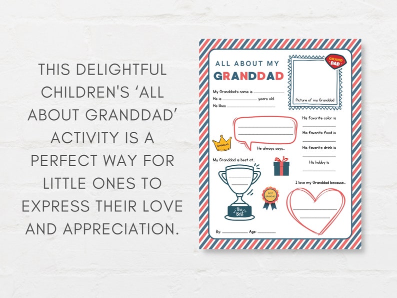 Keep kids engage with this Kids Fathers Day Printable, ‘All About Granddad’! This delightful childrens grandad interview activity is a perfect way for little ones to express their love and appreciation.