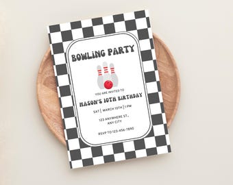 Inbjudan till bowlingfest, bowlinginbjudan, inbjudan till bowlingfest, bowlingfödelsedag, retro födelsedagsinbjudan till bowling, trendig bowlinginbjudan