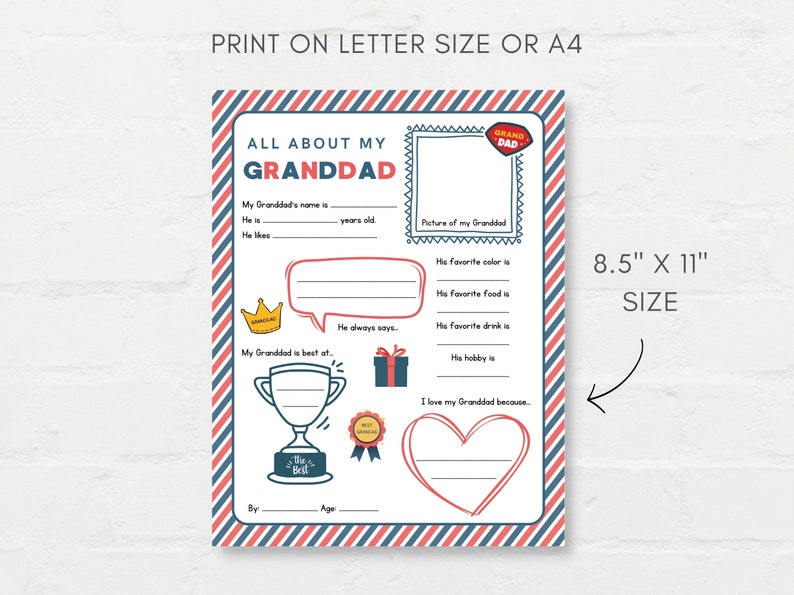 Keep kids engage with this Kids Fathers Day Printable, ‘All About Granddad’! This delightful childrens grandad interview activity is a perfect way for little ones to express their love and appreciation.