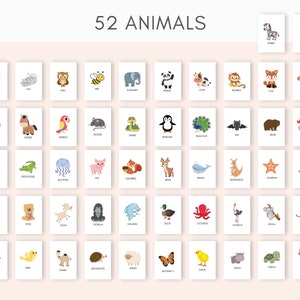 May include: A colorful chart with 52 illustrated animals, each with its name written below. The animals are arranged in a grid pattern, with a white background and a light pink border.