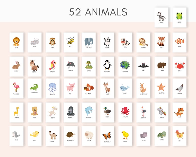 May include: A colorful chart with 52 illustrated animals, each with its name written below. The animals are arranged in a grid pattern, with a white background and a light pink border.