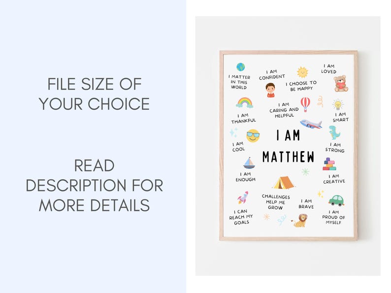 This printable personalised boys affirmation wall art is perfect to encourage kids to see themselves in a positive light.

Practicing positive affirmations helps kids building self esteem and confidence and reduces stress.