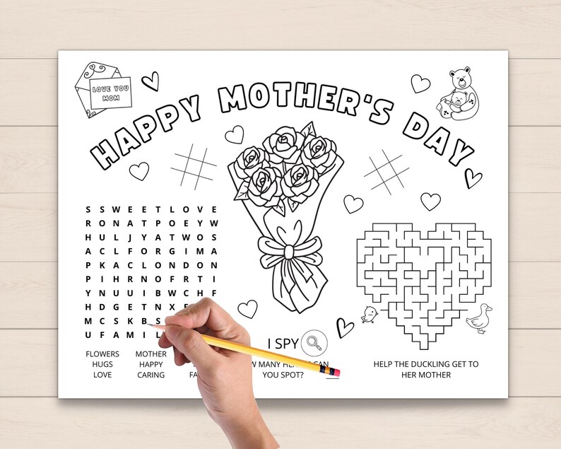 Celebrate Mother's Day with this printable Mother’s Day Activity Placemat for kids! This placemat features fun activities and coloring pages that will keep your child entertained while celebrating their amazing mom.