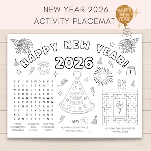 May include: Black and white activity placemat for New Year 2026. Features the text "Happy New Year!" and "2026", along with a word search, maze, and "I Spy" game. Includes party hats, fireworks, and a clock.