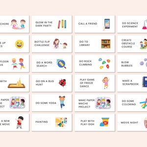 K&ouml;nnte beinhalten: Ein Satz von 24 bunten Karten mit Illustrationen und Text, die lustige Aktivit&auml;ten f&uuml;r Kinder vorschlagen. Die Karten beinhalten Aktivit&auml;ten wie Spielen, Erledigen von Aufgaben und Basteln.