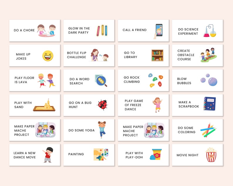 K&ouml;nnte beinhalten: Ein Satz von 24 bunten Karten mit Illustrationen und Text, die lustige Aktivit&auml;ten f&uuml;r Kinder vorschlagen. Die Karten beinhalten Aktivit&auml;ten wie Spielen, Erledigen von Aufgaben und Basteln.