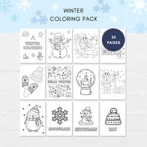 May include: A digital winter colouring pack featuring 25 pages of black and white line art illustrations. Designs include a snowman, a person on a sled, a snow globe, a penguin, a snowflake, a hat, mittens, and text reading Winter Colouring Pack.
