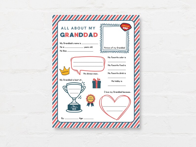 Keep kids engage with this Kids Fathers Day Printable, ‘All About Granddad’! This delightful childrens grandad interview activity is a perfect way for little ones to express their love and appreciation.