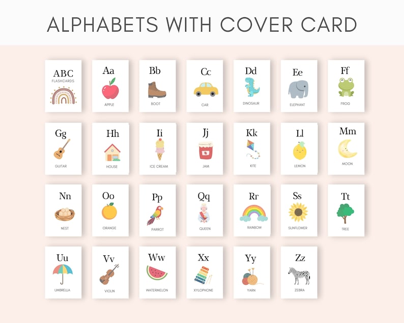 May include: A set of alphabet flashcards with colorful illustrations for each letter. The flashcards feature a variety of objects, including an apple, boot, car, dinosaur, elephant, frog, guitar, house, ice cream, jam, kite, lemon, moon, nest, orange, parrot, queen, rainbow, sunflower, tree, umbrella, violin, watermelon, xylophone, yarn, and zebra.
