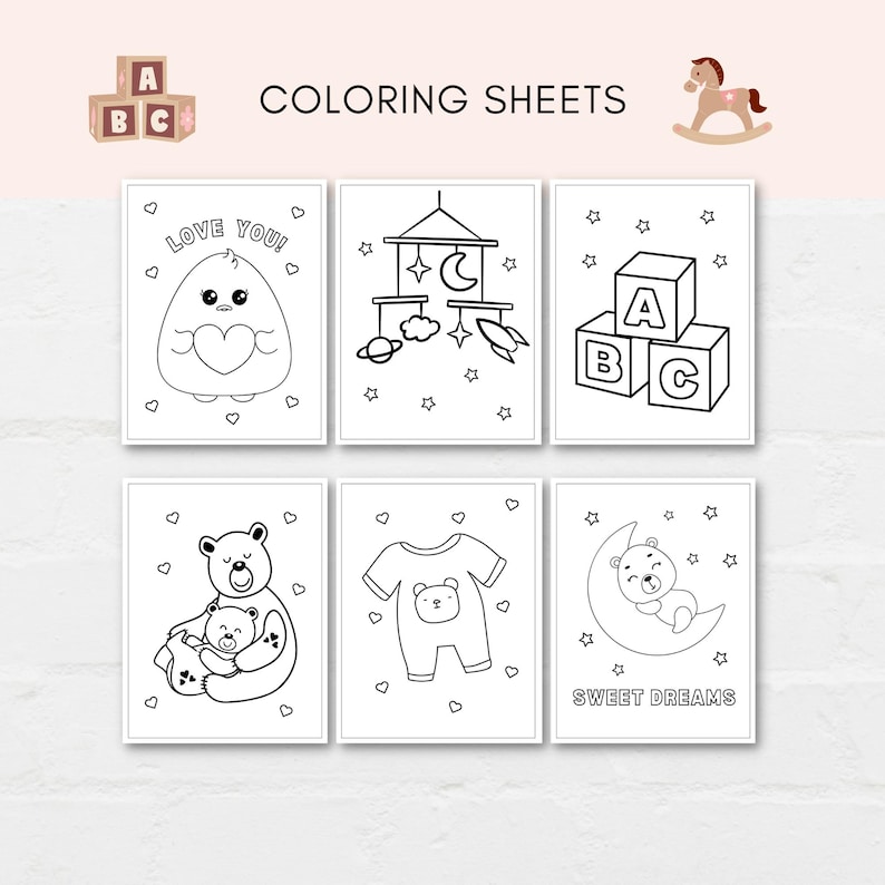 Keep the kids entertained at baby shower with this printable activity pack! This pack includes 10 fun and engaging games as well as 10 beautiful coloring sheets featuring baby shower-themed designs. It can also be used as a party favor.
