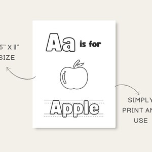 May include: Black and white printable worksheet featuring the letter "A" and an apple. The worksheet includes the text "Aa is for Apple" and a dotted line for tracing the word "Apple".