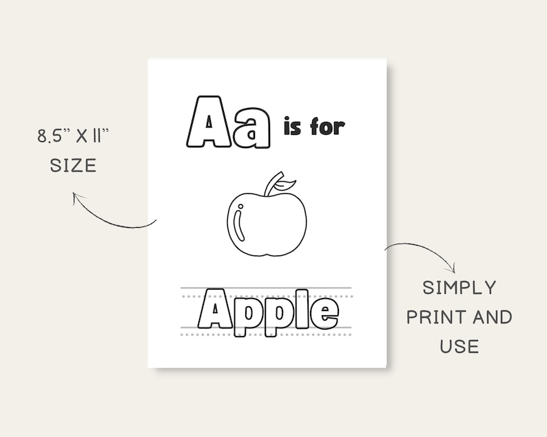 May include: Black and white printable worksheet featuring the letter "A" and an apple. The worksheet includes the text "Aa is for Apple" and a dotted line for tracing the word "Apple".