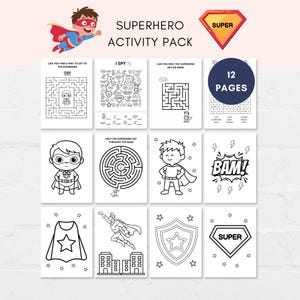 May include: Superhero activity pack with 12 pages of puzzles and coloring activities. The pack includes mazes, an I Spy game, and superhero-themed illustrations. The cover features a cartoon superhero and the word "SUPER".