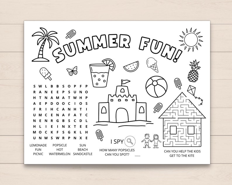 Keep your kids entertained this summer with our fun summer activity placemat! Perfect for a summer barbecue, picnic, or family gathering, this placemat features a variety of summer-themed activities and coloring pages.