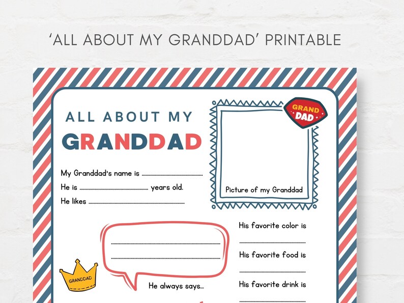 Keep kids engage with this Kids Fathers Day Printable, ‘All About Granddad’! This delightful childrens grandad interview activity is a perfect way for little ones to express their love and appreciation.
