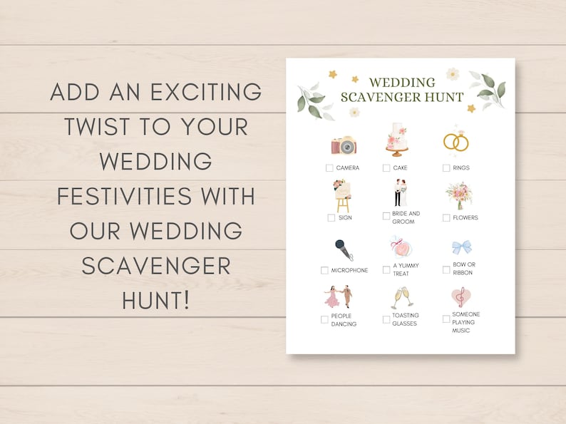 Add fun to your wedding with this Wedding Scavenger Hunt! This interactive game is perfect for engaging your guests specially kids and creating lasting memories.
