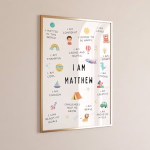 This printable personalised boys affirmation wall art is perfect to encourage kids to see themselves in a positive light.

Practicing positive affirmations helps kids building self esteem and confidence and reduces stress.