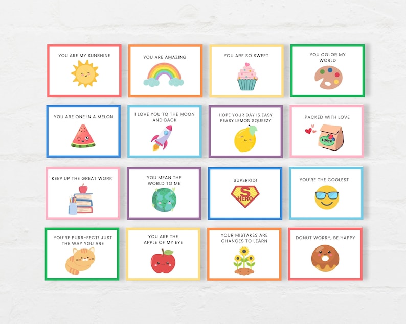 These Lunchbox notes are a perfect way to brighten your child's day! Simply print and cut, add a note at back or leave it blank. You will also receive a bonus blank sheet to write your own notes, print as many time as you need.