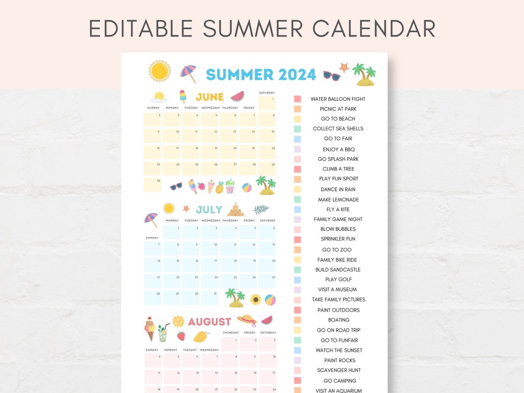 Summer Calendar Summer Planning Calendar Summer Bucket List Editable Summer calendar summer planning calendar summer bucket list editable