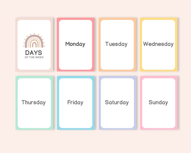 K&ouml;nnte beinhalten: Ein Satz von sieben bunten Karten mit den Wochentagen darauf. Die Karten sind in einem Raster angeordnet, wobei sich das Wort "DAYS OF THE WEEK" auf der Karte oben links befindet. Die Karten sind mit einem Regenbogenmuster verziert.
