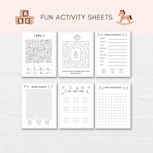 Keep the kids entertained at baby shower with this printable activity pack! This pack includes 10 fun and engaging games as well as 10 beautiful coloring sheets featuring baby shower-themed designs. It can also be used as a party favor.