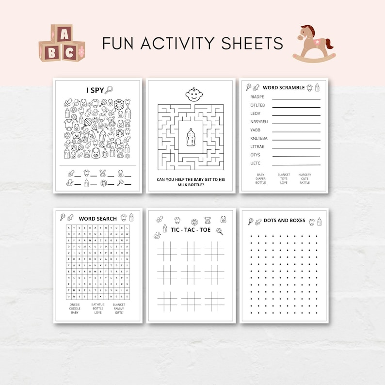 Keep the kids entertained at baby shower with this printable activity pack! This pack includes 10 fun and engaging games as well as 10 beautiful coloring sheets featuring baby shower-themed designs. It can also be used as a party favor.