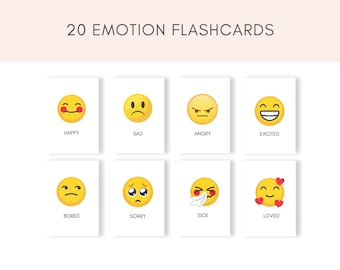 Può includere: Set di 8 flashcard con facce emoji gialle con diverse espressioni, tra cui felice, triste, arrabbiato, eccitato, annoiato, mi dispiace, malato e amato. Ogni carta ha uno sfondo bianco e l'emozione è scritta sotto l'emoji.