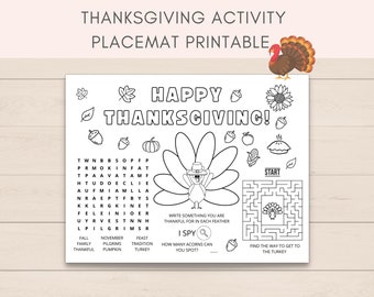 Set de table pour Thanksgiving, activité de Thanksgiving, enfants Thanksgiving, dîner de Thanksgiving, table de Thanksgiving, imprimable