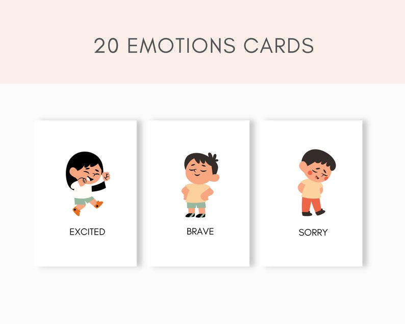 Puede incluir: Tres tarjetas con ilustraciones de ni&ntilde;os expresando diferentes emociones. La primera tarjeta muestra a un ni&ntilde;o con una gran sonrisa y los brazos levantados, etiquetada como "Excited". La segunda tarjeta muestra a un ni&ntilde;o de pie con las manos en las caderas, etiquetada como "Brave". La tercera tarjeta muestra a un ni&ntilde;o con la cabeza gacha y las manos detr&aacute;s de la espalda, etiquetada como "Sorry".