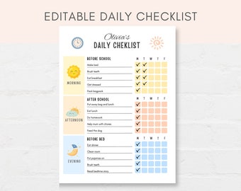 Puede incluir: Una lista de verificación diaria imprimible para niños con un sol amarillo, nubes azules y una luna creciente. La lista de verificación incluye tareas para antes de la escuela, después de la escuela y antes de acostarse. Los días de la semana se enumeran en la parte superior: Lunes, Martes, Miércoles, Jueves, Viernes.