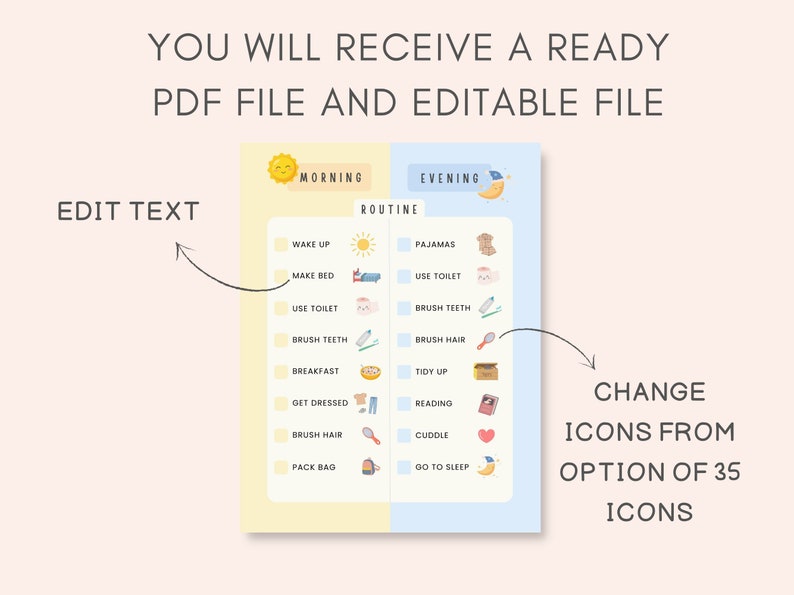 Bedtime Routine Chart, Editable Routine Chart, Daily Routine, Kids Morning Routine, Daily Planner Kids, School Routine, Kids Daily schedules