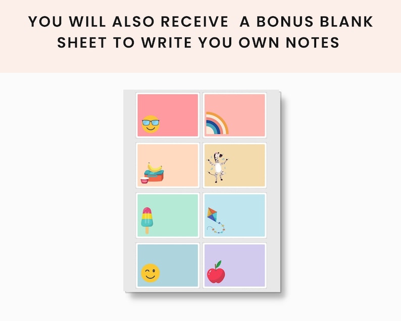 Puede incluir: Un conjunto de nueve tarjetas imprimibles con diversas ilustraciones coloridas, que incluyen una cara sonriente con gafas de sol, un arco&iacute;ris, un pl&aacute;tano, una cebra, un cono de helado, una cometa, una cara sonriente y una manzana. Las tarjetas est&aacute;n dise&ntilde;adas para tomar notas y llevar un diario.