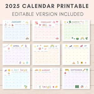 Calendar 2025, Printable Calendar,  2025 Calendar, Monthly Calendar, Kids Calendar, Editable calendar, Calendar PDF, Calendar Download, PDF