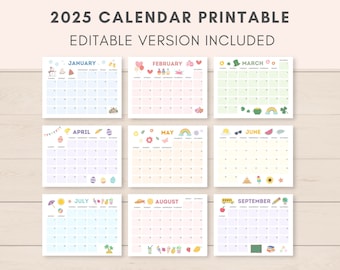 Calendar 2025, Printable Calendar,  2025 Calendar, Monthly Calendar, Kids Calendar, Editable calendar, Calendar PDF, Calendar Download, PDF
