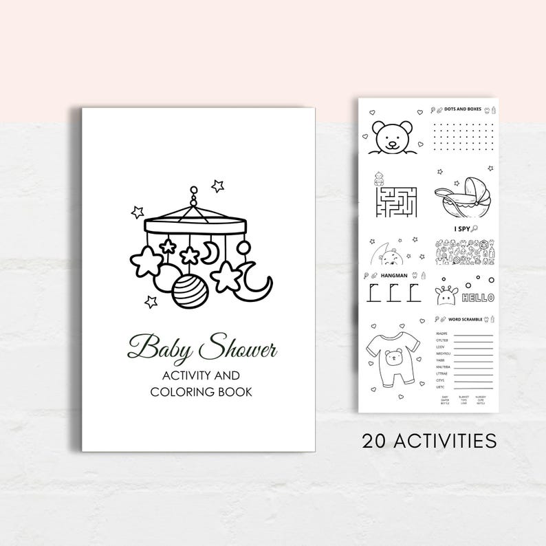 Keep the kids entertained at baby shower with this baby shower activity book! This pack includes 10 fun and engaging games as well as 10 beautiful coloring sheets featuring baby shower-themed designs.