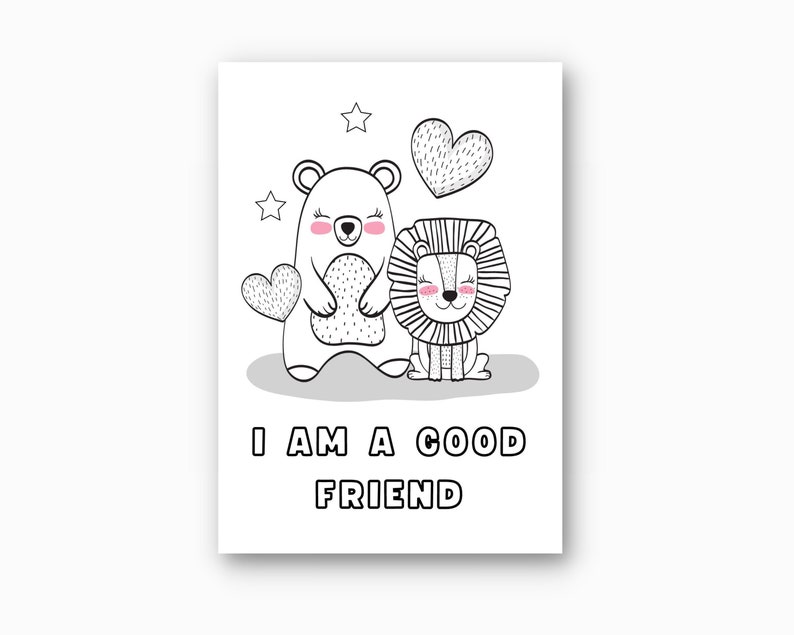 Op de afbeelding: Zwart-witte lijntekening van een beer en een leeuw die harten vasthouden. De tekst "I AM A GOOD FRIEND" staat onder de dieren.