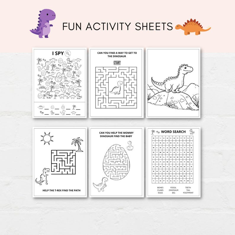Keep kids engaged with this fun Dinosaur Activity Pack for Kids, which includes Dinosaur activity sheets and Dinosaur coloring sheets. Perfect for Dinosaur parties, classroom fun, school activity and more! Print as many as you like.