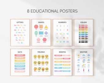 Educational Posters Set of 8, Kids Educational Posters, Kids Wall Art, ABC Alphabet Numbers 123, Shapes Colors, Days Months, Kids Prints