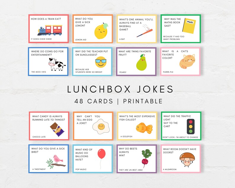 Brighten Up Your Childs Lunch with these fun Lunchbox jokes and notes. This printable bundle includes more than 250 cards.