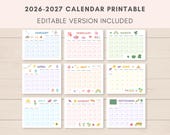 2026-2027 Calendar Printable, Printable Calendar, Editable Calendar, 2026 Calendar, 2027 Calendar, 2026 2027 Planner, Monthly Calendar, PDF