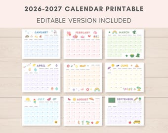 Puede incluir: Calendario imprimible 2026-2027 con versión editable. Cada mes se muestra en un cuadrado separado, con elementos decorativos como corazones, arcoíris e iconos de temporada. Los meses son enero, febrero, marzo, abril, mayo, junio, julio, agosto y septiembre.