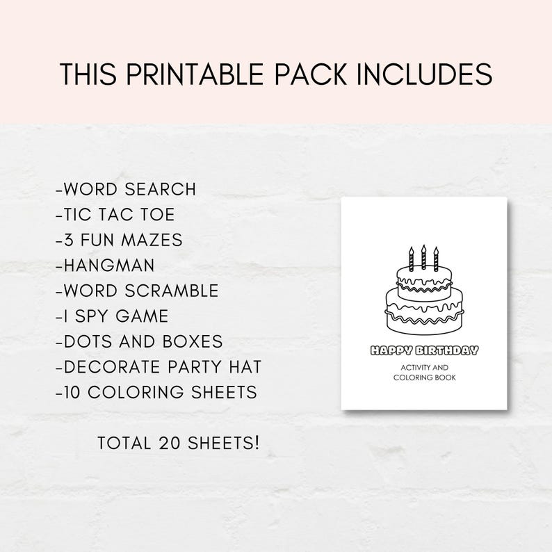 Celebrate your child's special day with our Ultimate Kids' Birthday Activity Pack! This digital download is packed with a collection of 10 engaging games and 10 delightful coloring sheets, designed to keep young party guests entertained and make your birthday celebration a hit.