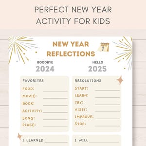 This fun New Year Activity is a perfect way to keep kids engaged on New Years Eve/ Holidays. The PDF has 2024 Year in Review section as well as 2025 goals and resolutions.
