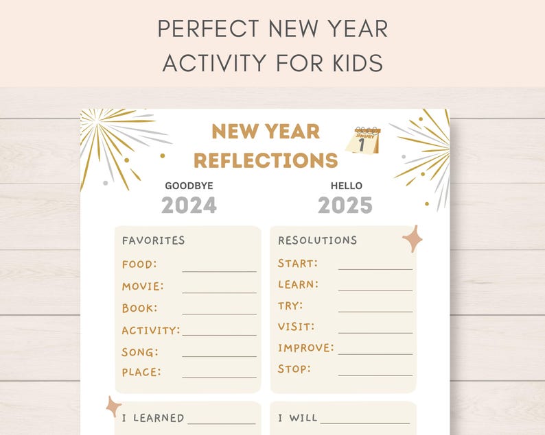 This fun New Year Activity is a perfect way to keep kids engaged on New Years Eve/ Holidays. The PDF has 2024 Year in Review section as well as 2025 goals and resolutions.